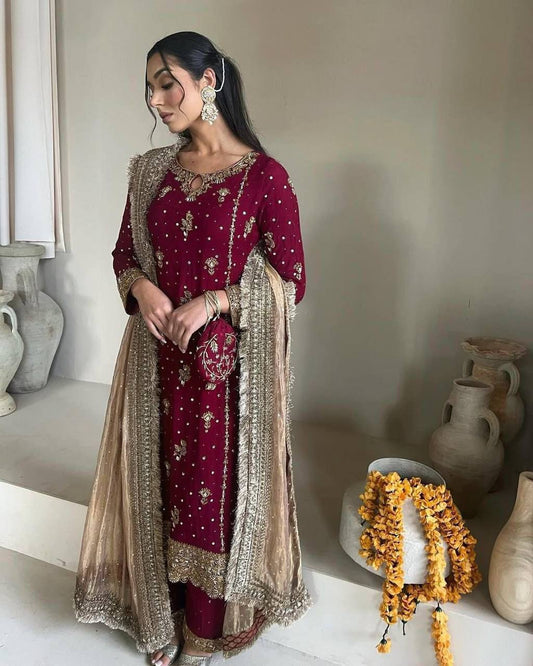 Stunning Maroon Color Faux Georgette With Sequence Embroidery Work Salwar Suit