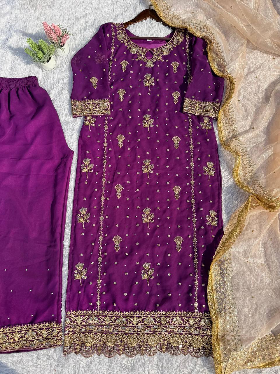 Stunning Purple Color Faux Georgette With Sequence Embroidery Work Salwar Suit