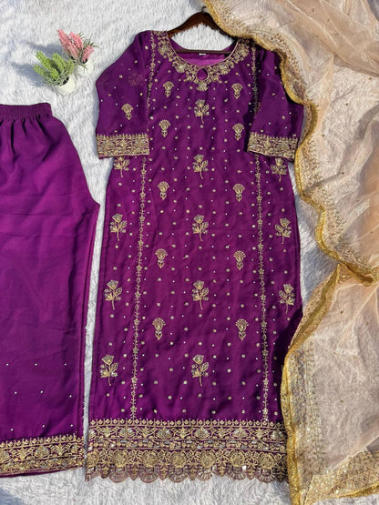 Stunning Purple Color Faux Georgette With Sequence Embroidery Work Salwar Suit