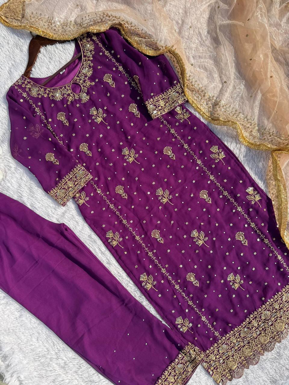 Stunning Purple Color Faux Georgette With Sequence Embroidery Work Salwar Suit