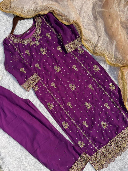 Stunning Purple Color Faux Georgette With Sequence Embroidery Work Salwar Suit