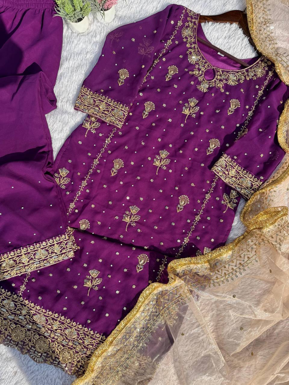 Stunning Purple Color Faux Georgette With Sequence Embroidery Work Salwar Suit