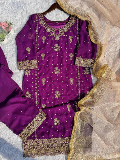 Stunning Purple Color Faux Georgette With Sequence Embroidery Work Salwar Suit