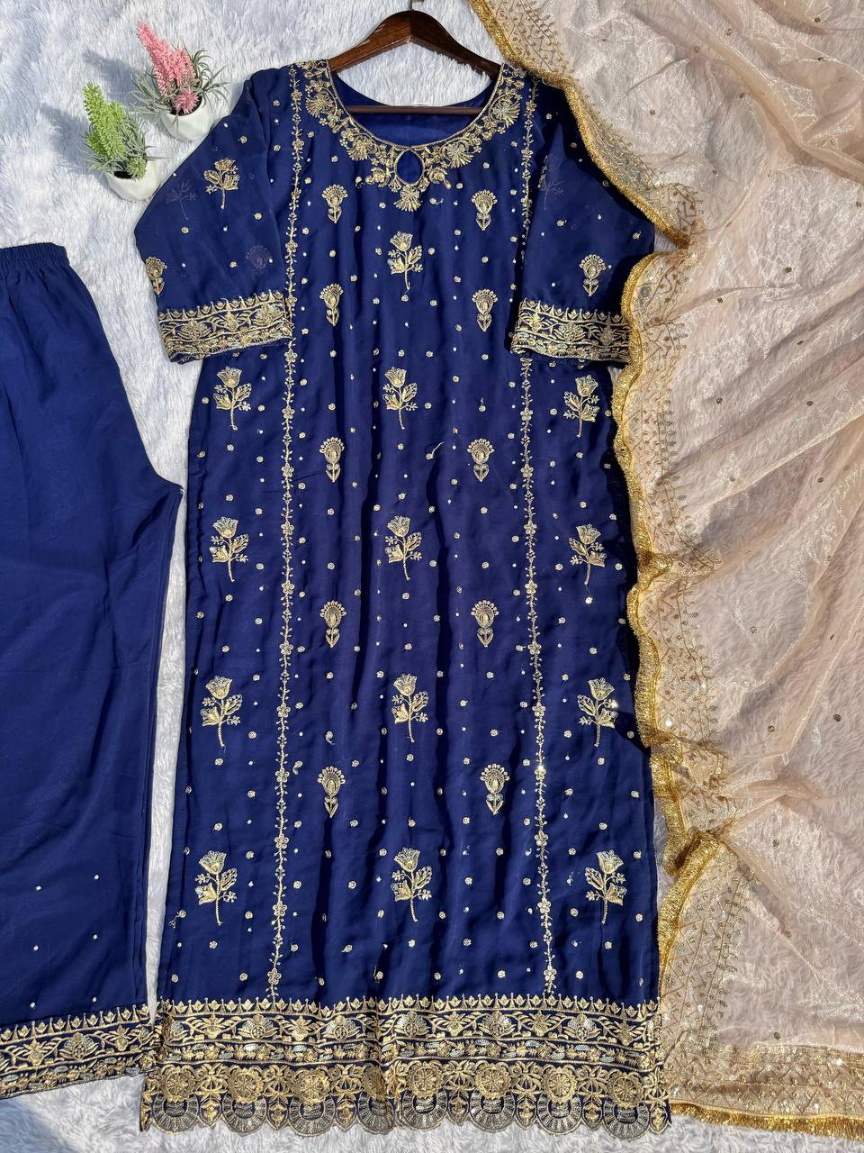 Stunning Blue Color Faux Georgette With Sequence Embroidery Work Salwar Suit