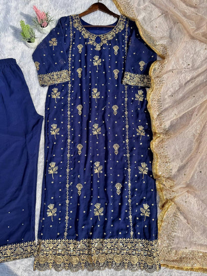 Stunning Blue Color Faux Georgette With Sequence Embroidery Work Salwar Suit