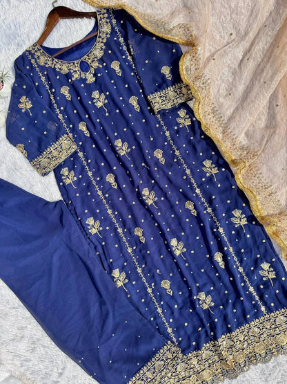 Stunning Blue Color Faux Georgette With Sequence Embroidery Work Salwar Suit