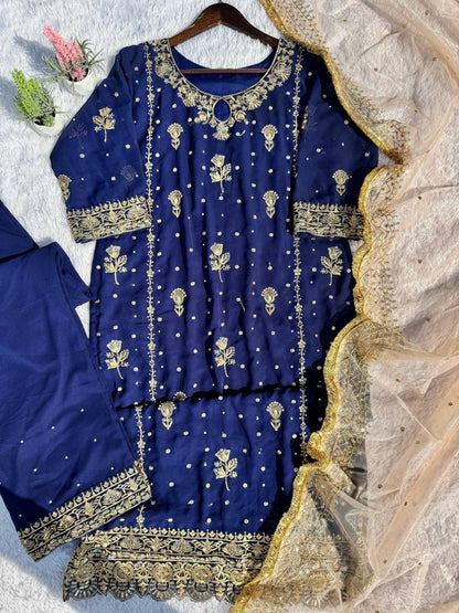 Stunning Blue Color Faux Georgette With Sequence Embroidery Work Salwar Suit
