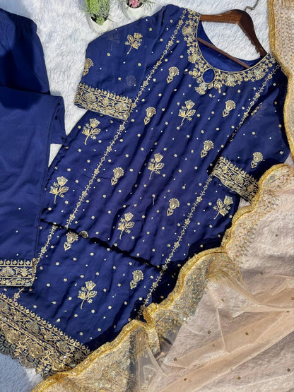 Stunning Blue Color Faux Georgette With Sequence Embroidery Work Salwar Suit