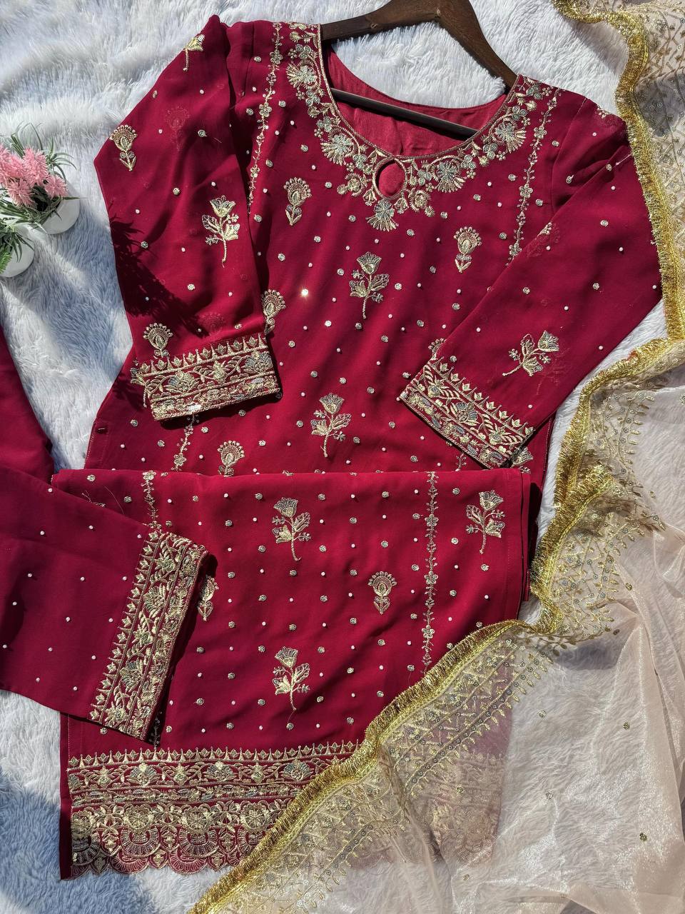 Stunning Maroon Color Faux Georgette With Sequence Embroidery Work Salwar Suit