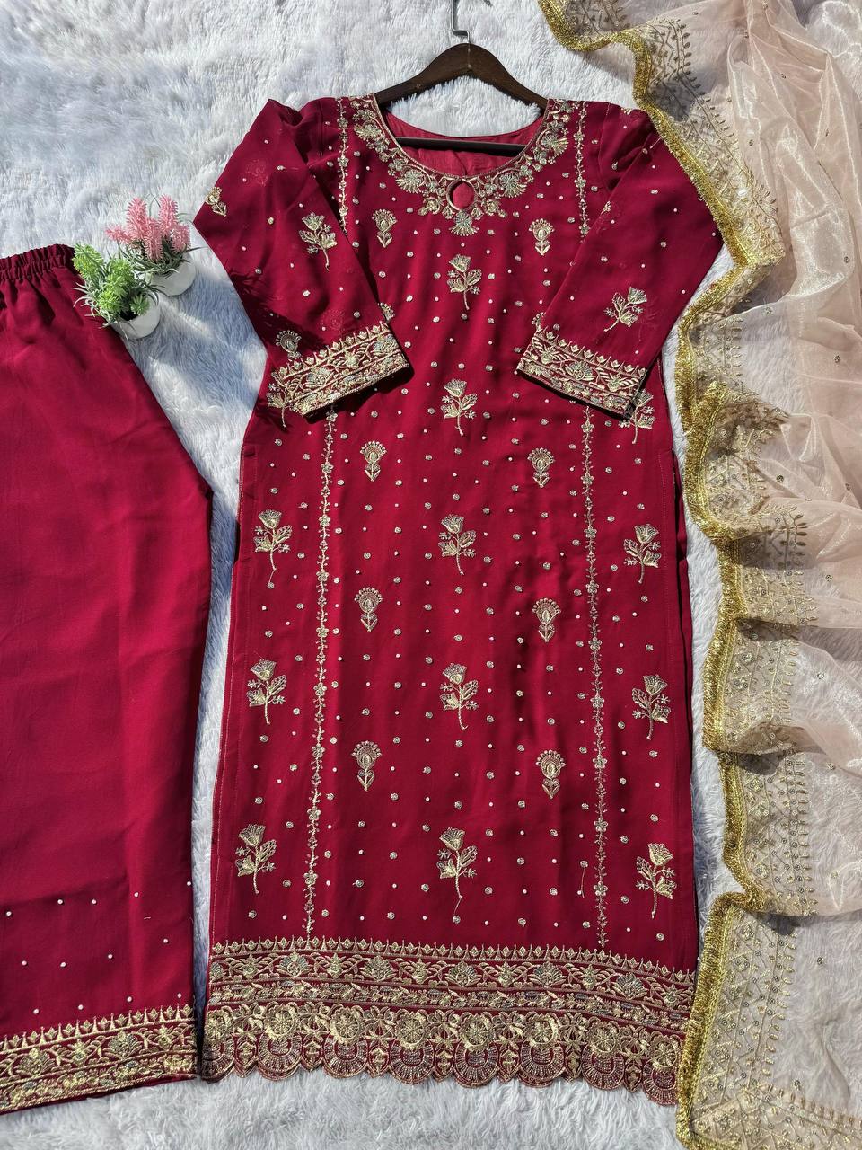 Stunning Maroon Color Faux Georgette With Sequence Embroidery Work Salwar Suit