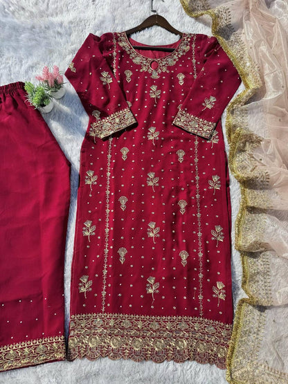 Stunning Maroon Color Faux Georgette With Sequence Embroidery Work Salwar Suit