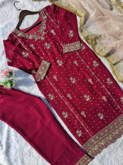 Stunning Maroon Color Faux Georgette With Sequence Embroidery Work Salwar Suit
