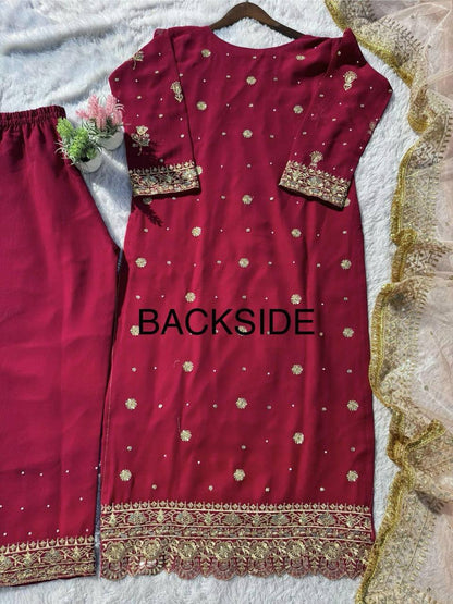 Stunning Maroon Color Faux Georgette With Sequence Embroidery Work Salwar Suit