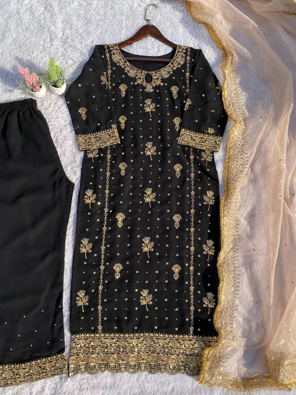 Stunning Black Color Faux Georgette With Sequence Embroidery Work Salwar Suit