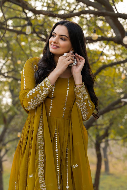 Superhit Mahendi Green Color Faux Georgette With Sequence Embroidery Work Beautiful Gown