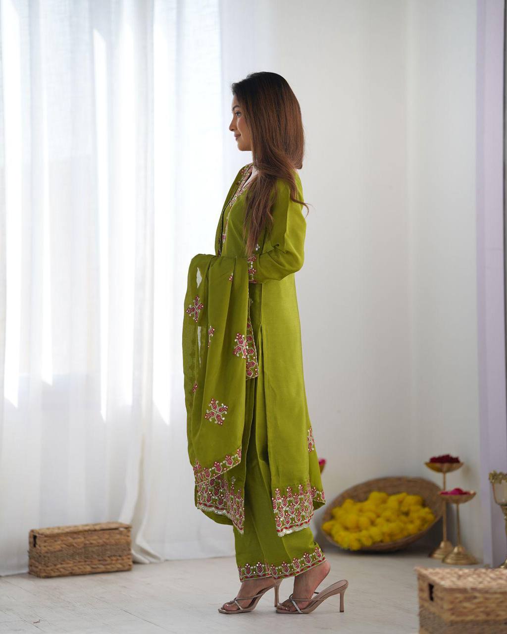 Ceremony Wear Green Color Pure Chinon Silk With 5mm Embroidery Sequence Work Salwar Suit