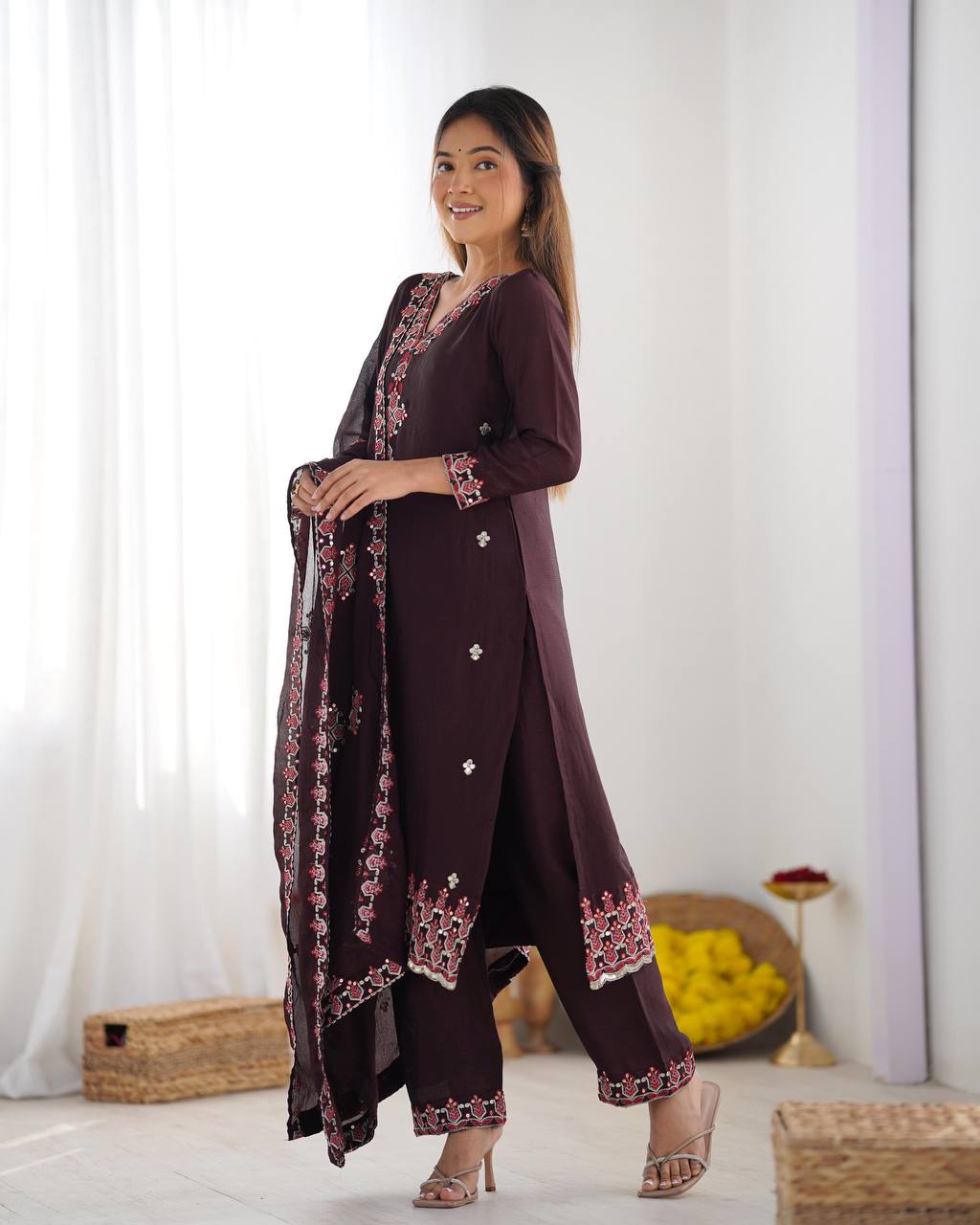 Ceremony Wear Wine Color Pure Chinon Silk With 5mm Embroidery Sequence Work Salwar Suit