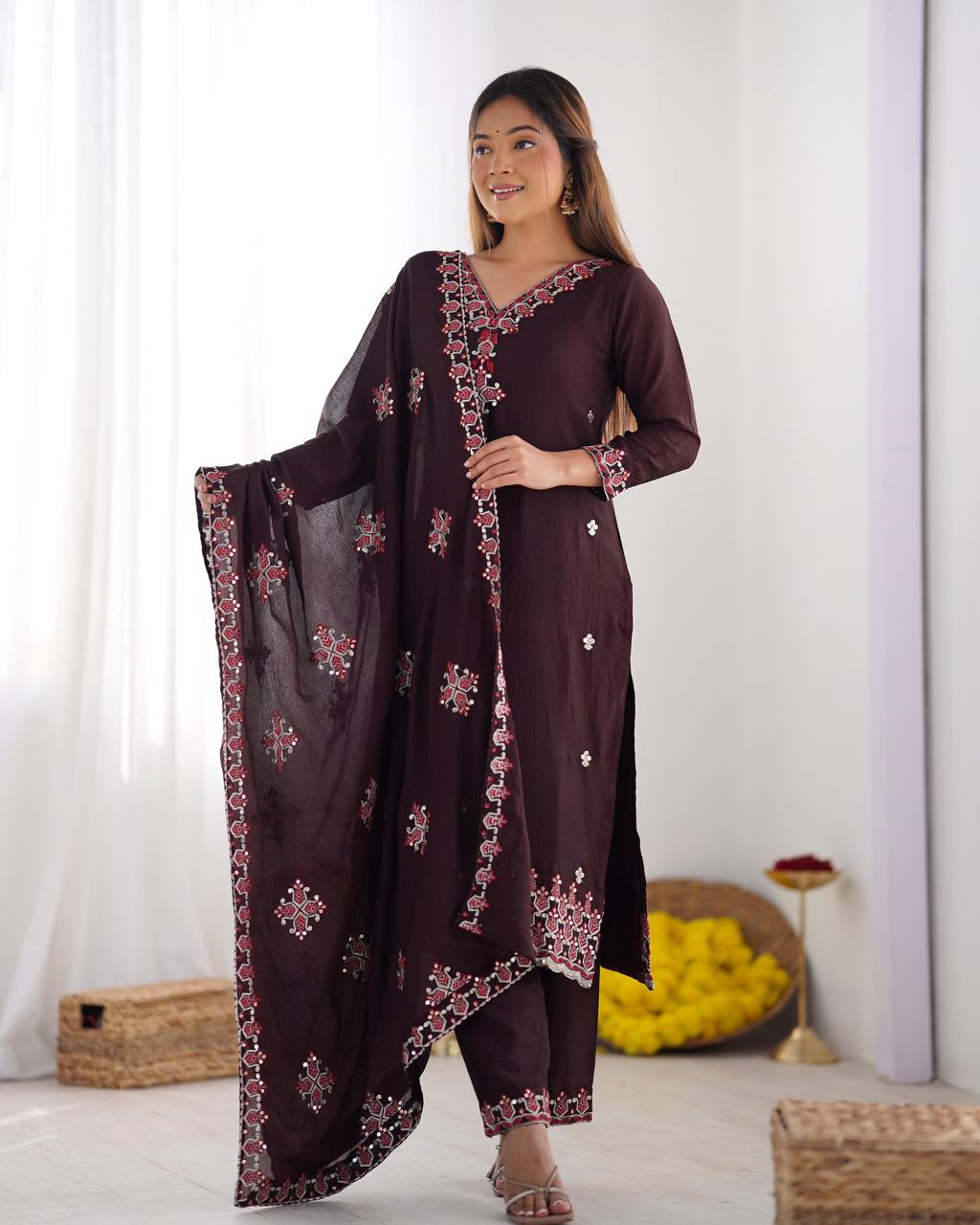Ceremony Wear Wine Color Pure Chinon Silk With 5mm Embroidery Sequence Work Salwar Suit
