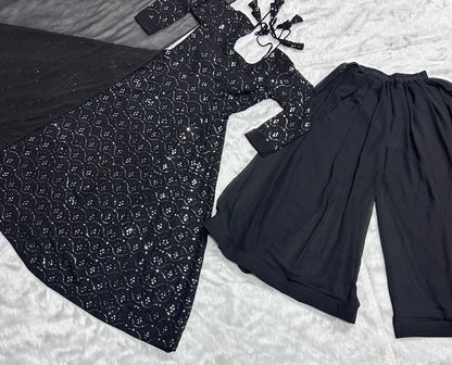 Luxuriant Black Color Faux Blooming With Heavy Sequins And Thread Embroidered Work Palazzo Suit