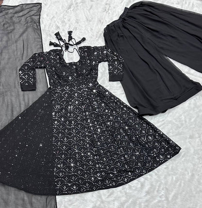 Luxuriant Black Color Faux Blooming With Heavy Sequins And Thread Embroidered Work Palazzo Suit