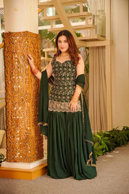 Green Color Designer Blooming Faux Georgette Palazzo Sharara Suit