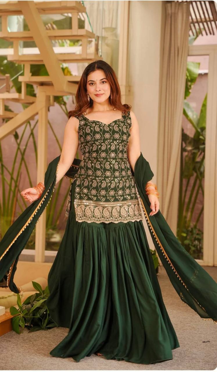 Green Color Designer Blooming Faux Georgette Palazzo Sharara Suit