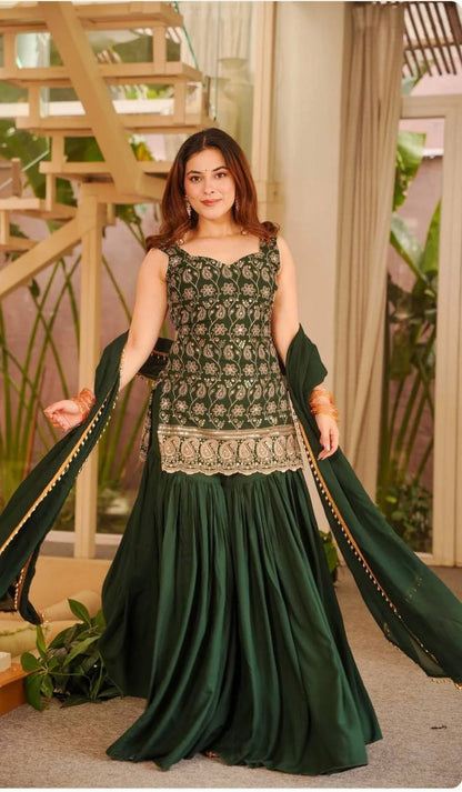 Green Color Designer Blooming Faux Georgette Palazzo Sharara Suit