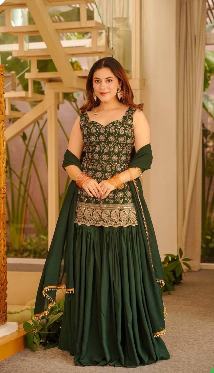 Green Color Designer Blooming Faux Georgette Palazzo Sharara Suit