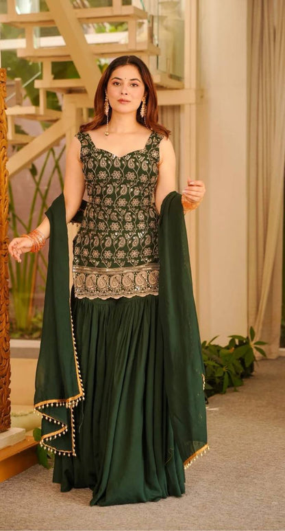 Green Color Designer Blooming Faux Georgette Palazzo Sharara Suit