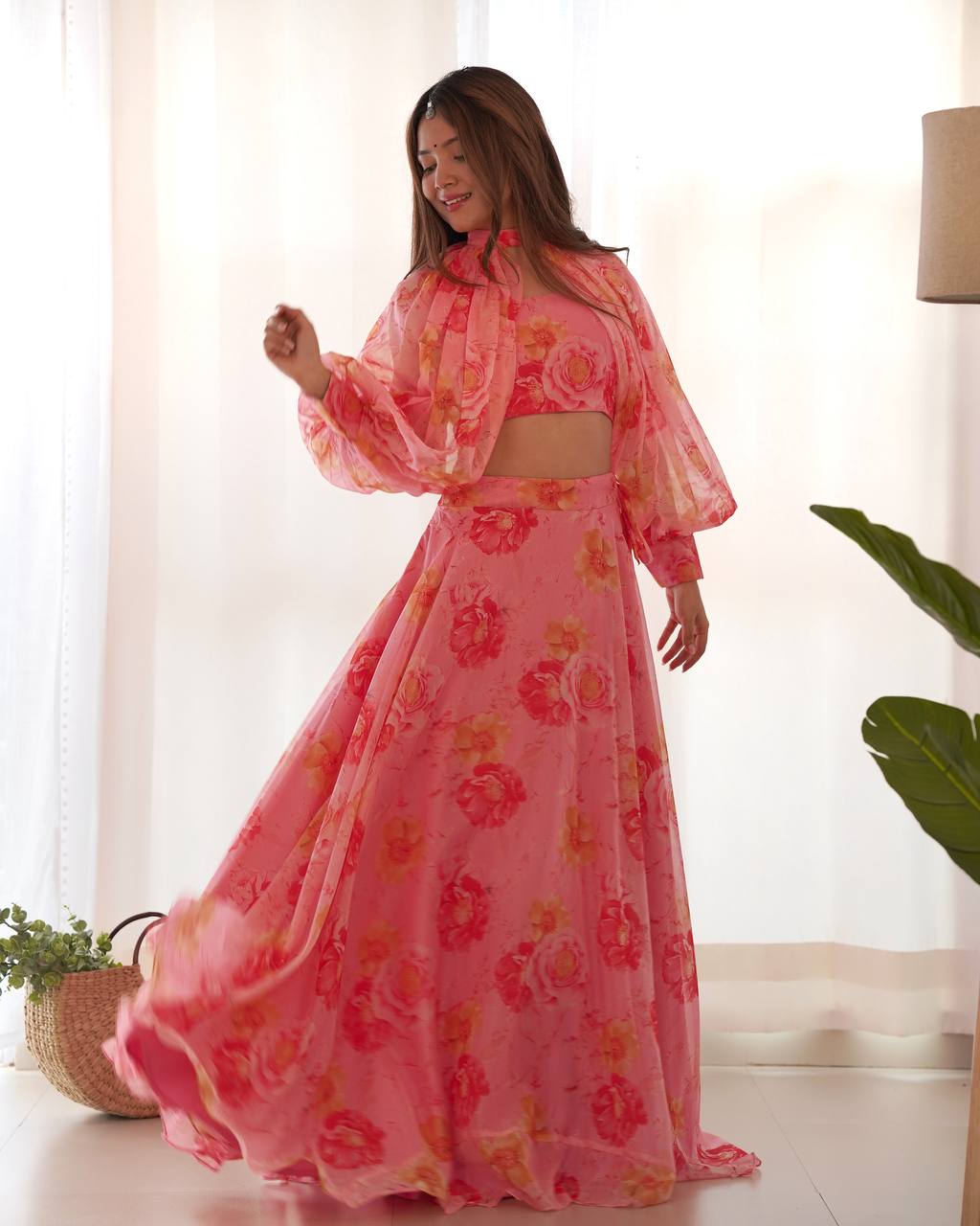 Ceremony Wear Baby Pink Color Pure Soft Tabby Organza Silk Floral Printed Lehenga Choli