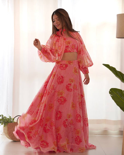 Ceremony Wear Baby Pink Color Pure Soft Tabby Organza Silk Floral Printed Lehenga Choli