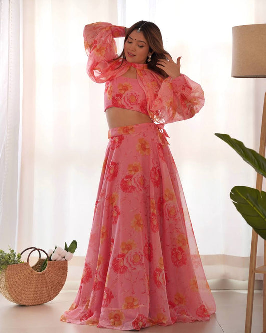Ceremony Wear Baby Pink Color Pure Soft Tabby Organza Silk Floral Printed Lehenga Choli