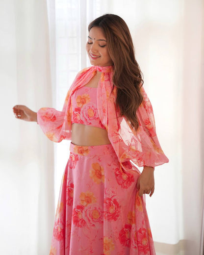 Ceremony Wear Baby Pink Color Pure Soft Tabby Organza Silk Floral Printed Lehenga Choli
