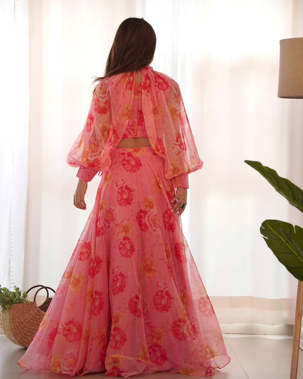 Ceremony Wear Baby Pink Color Pure Soft Tabby Organza Silk Floral Printed Lehenga Choli
