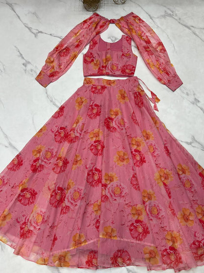 Ceremony Wear Baby Pink Color Pure Soft Tabby Organza Silk Floral Printed Lehenga Choli
