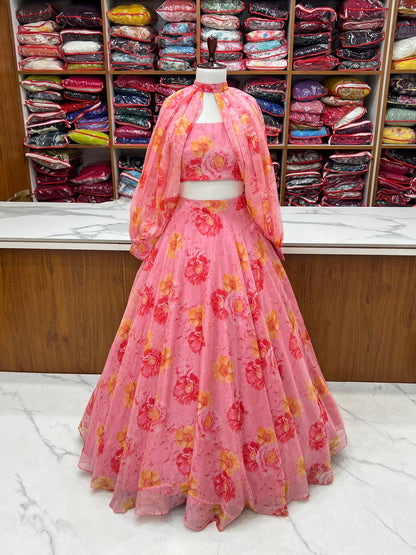 Ceremony Wear Baby Pink Color Pure Soft Tabby Organza Silk Floral Printed Lehenga Choli