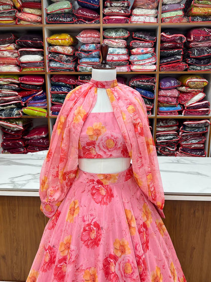 Ceremony Wear Baby Pink Color Pure Soft Tabby Organza Silk Floral Printed Lehenga Choli