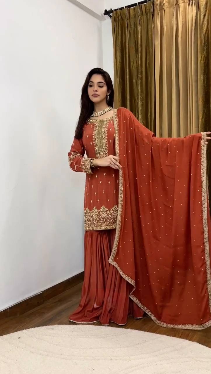 Exclusive Red Color Pure Heavy Simmer Silk With Embroidery Sequence Work Palazzo Suit