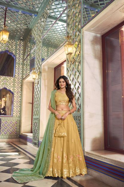 Traditional Wear Yellow Color Silk Thread Embroidered Lehenga Choli