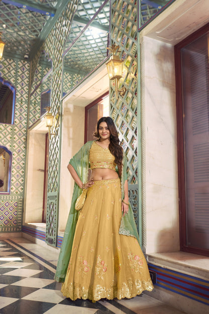 Traditional Wear Yellow Color Silk Thread Embroidered Lehenga Choli