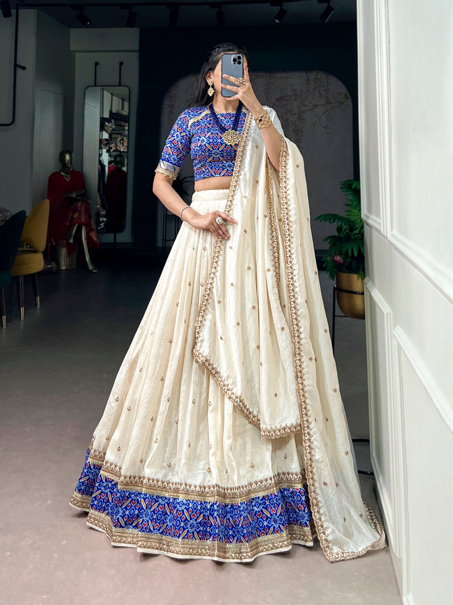 Designer Off White Color Vichtra Silk Wedding Wear Lehenga Choli