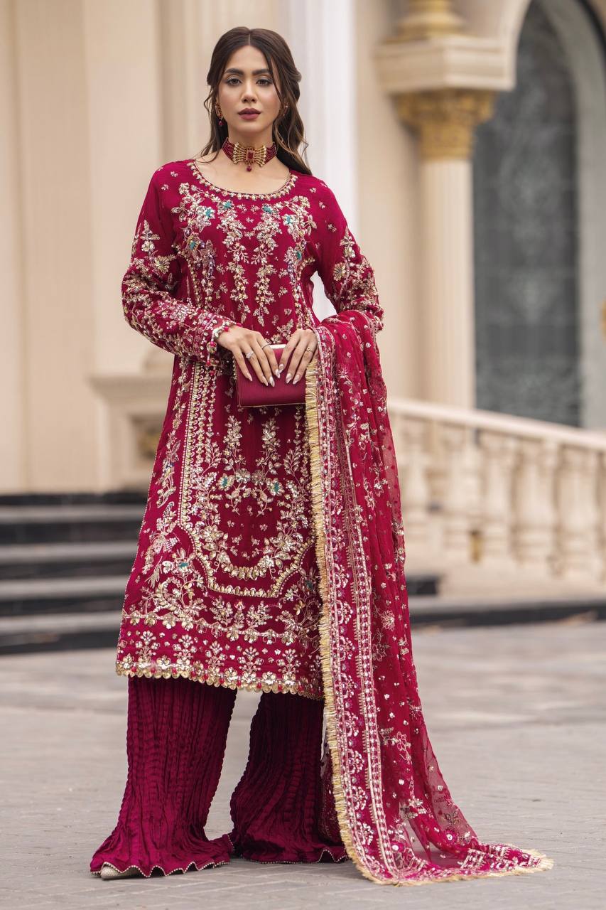 Wedding Wear Dark Pink Color Heavy Faux Georgette Palazzo Set