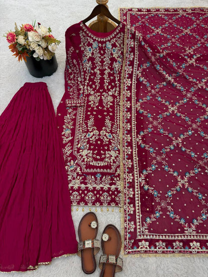 Wedding Wear Dark Pink Color Heavy Faux Georgette Palazzo Set