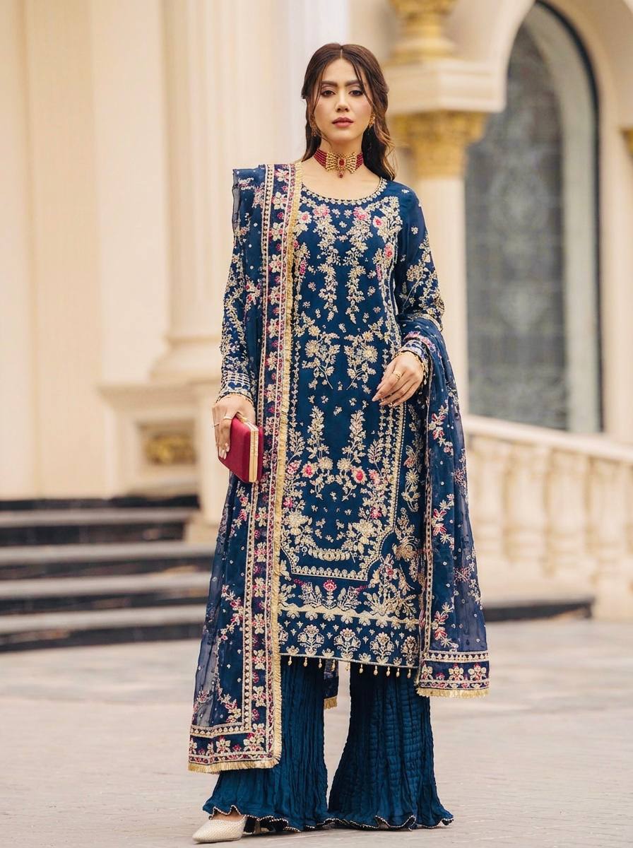 Wedding Wear Blue Color Heavy Faux Georgette Palazzo Set