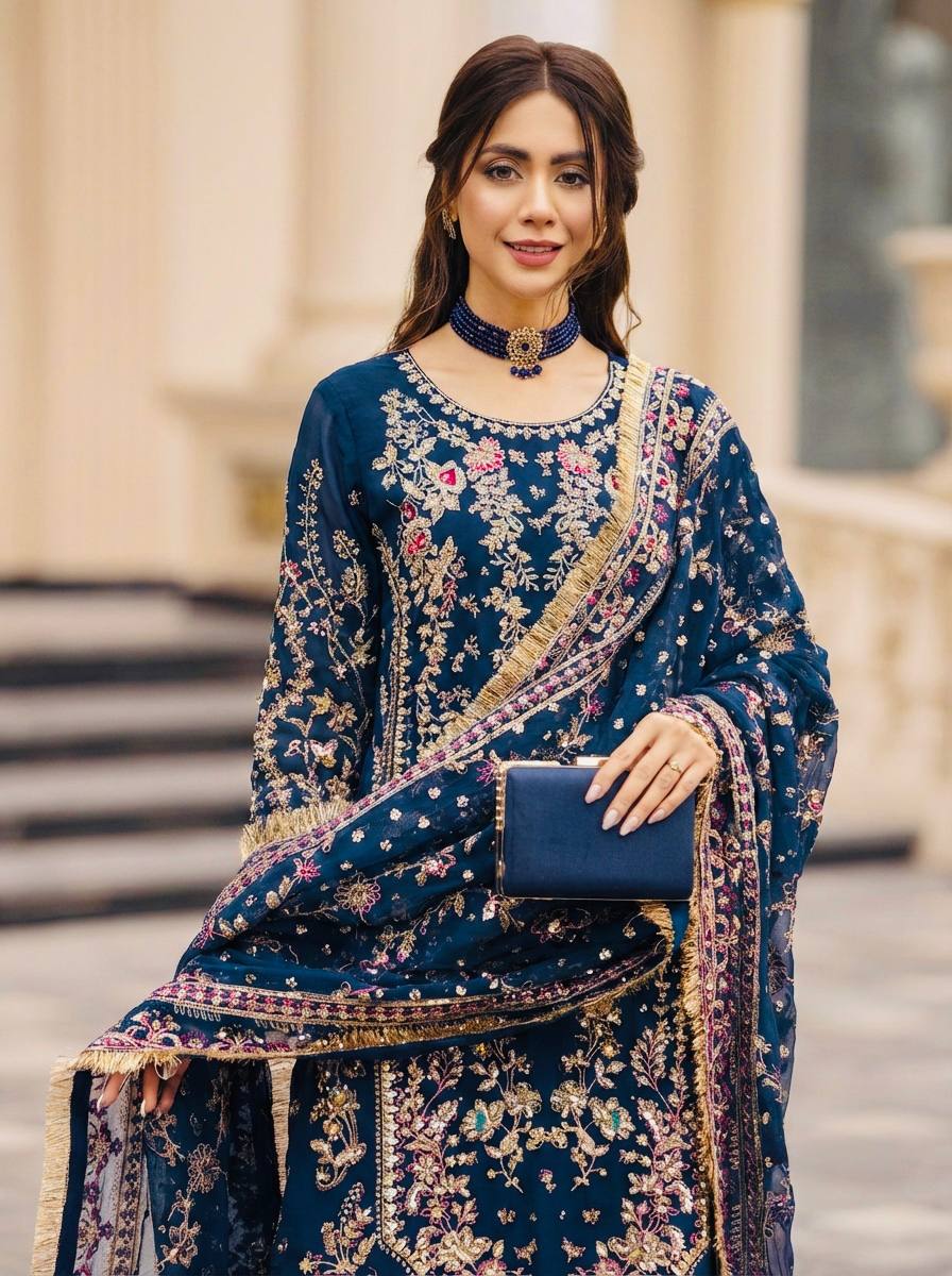 Wedding Wear Blue Color Heavy Faux Georgette Palazzo Set