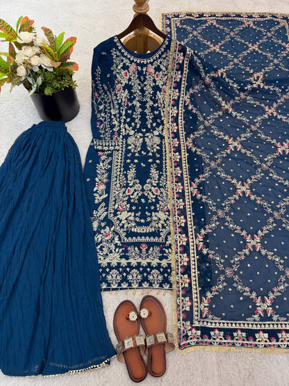 Wedding Wear Blue Color Heavy Faux Georgette Palazzo Set