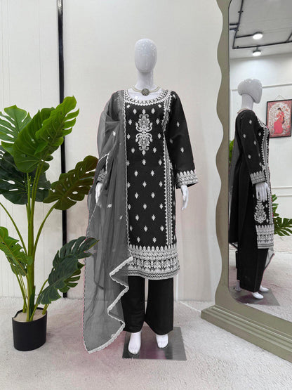 Ceremony Wear Black Color Roman Silk Chine Stitch Silk Beautiful Salwar Suit