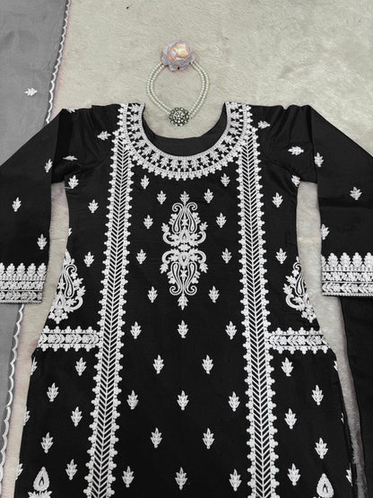 Ceremony Wear Black Color Roman Silk Chine Stitch Silk Beautiful Salwar Suit