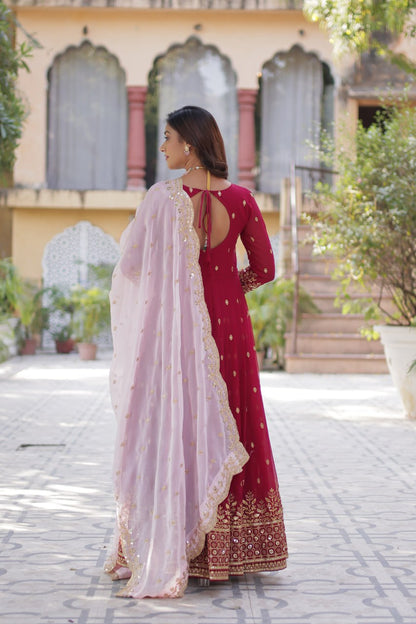 Party Wear Maroon Color aux Blooming With Embroidery Zari Sequins Work Designer Gown