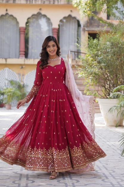 Party Wear Maroon Color aux Blooming With Embroidery Zari Sequins Work Designer Gown
